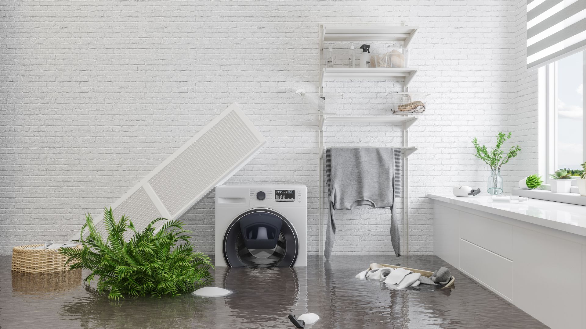 Flooded basement and laundry room with standing water requiring emergency flood cleanup services