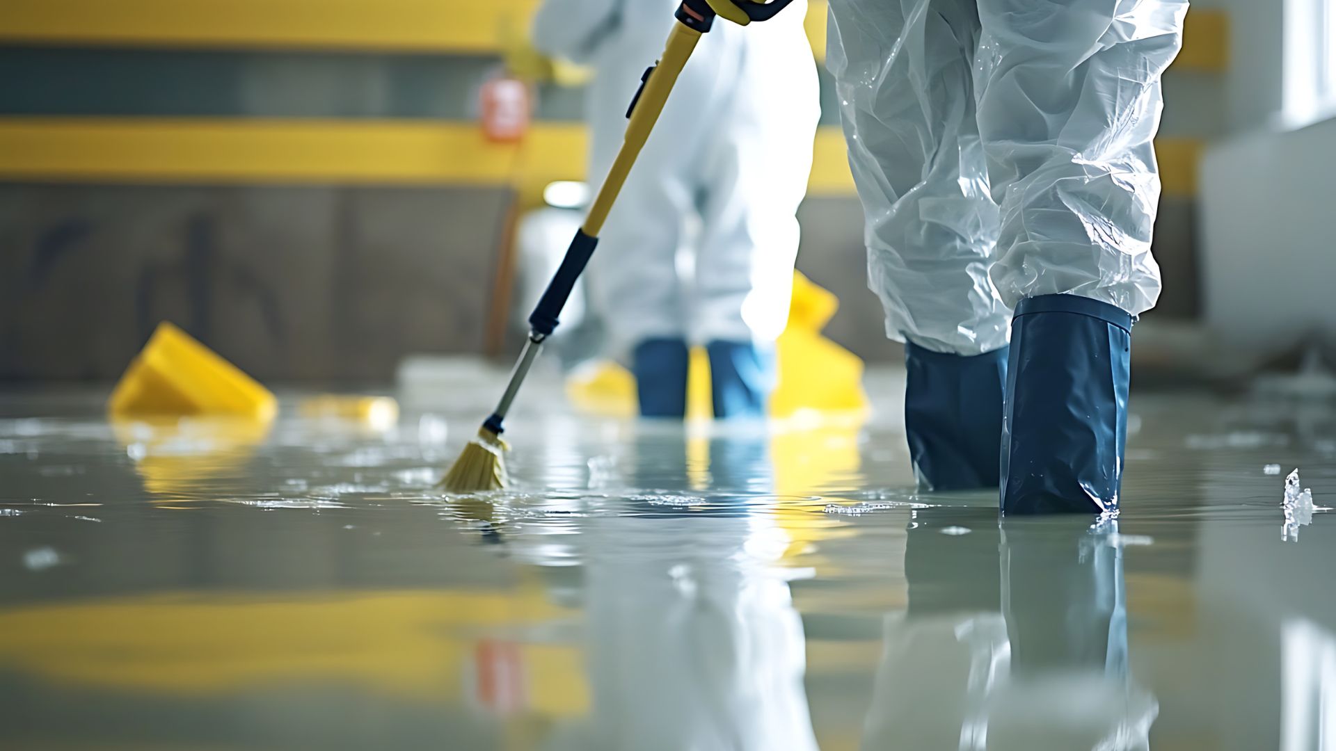 Professional water damage restoration technicians in protective gear performing flood cleanup services
